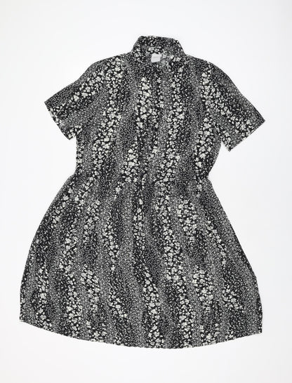 ICHI Womens Black Floral Polyester Skater Dress Size 8 Collared Button