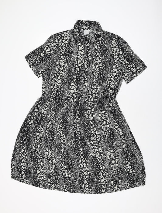 ICHI Womens Black Floral Polyester Skater Dress Size 8 Collared Button