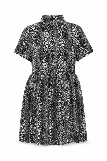 ICHI Womens Black Floral Polyester Skater Dress Size 8 Collared Button