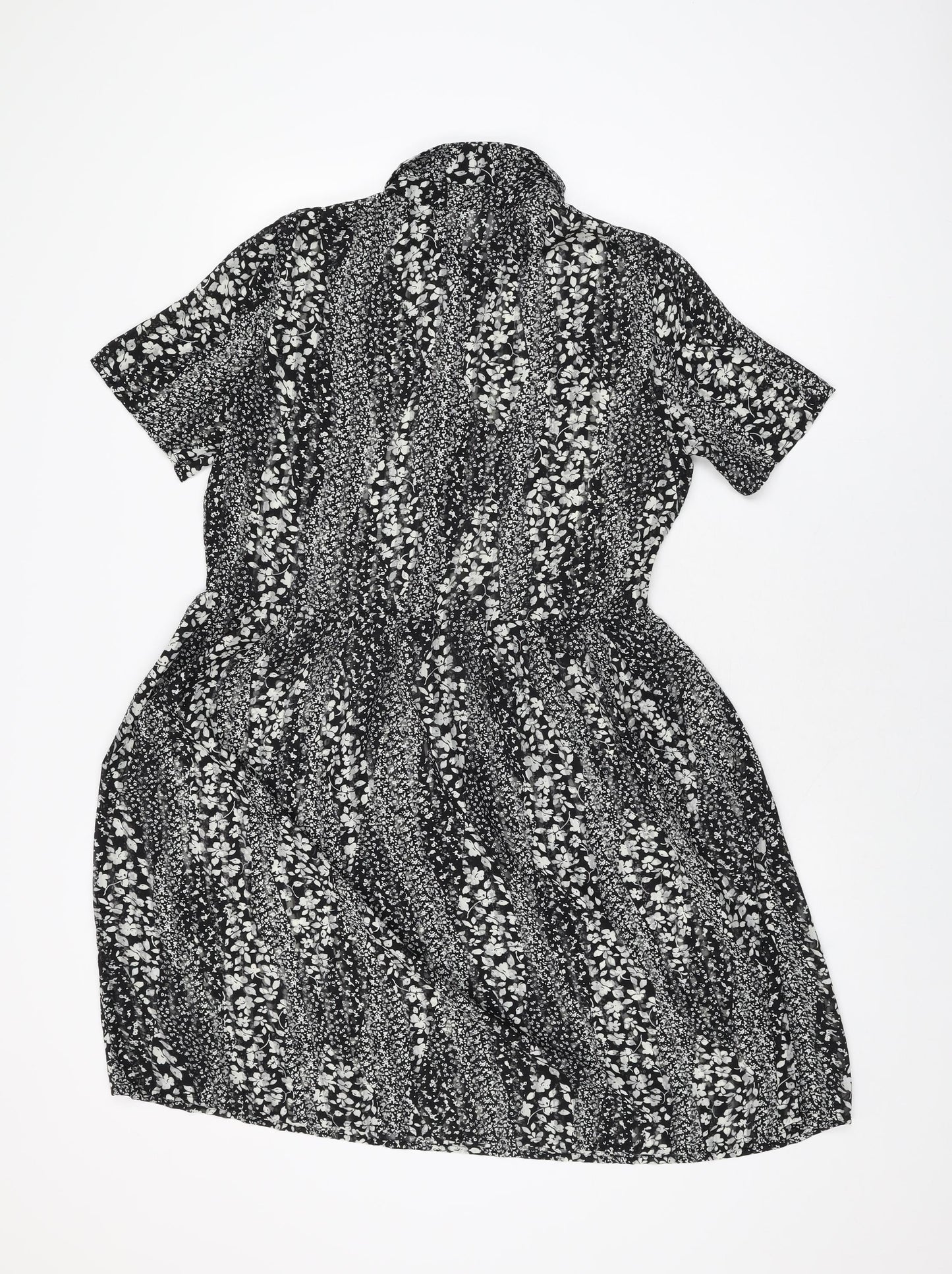 ICHI Womens Black Floral Polyester Skater Dress Size 8 Collared Button