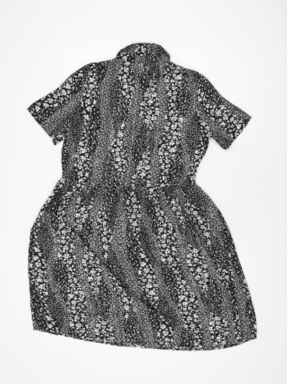 ICHI Womens Black Floral Polyester Skater Dress Size 8 Collared Button