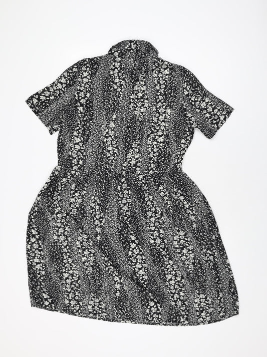 ICHI Womens Black Floral Polyester Skater Dress Size 8 Collared Button