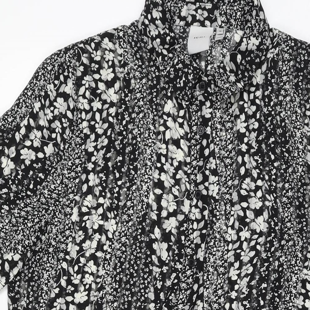 ICHI Womens Black Floral Polyester Skater Dress Size 8 Collared Button