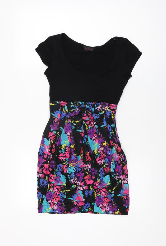 Miss Selfridge Womens Black Floral Viscose Mini Size 4 Scoop Neck Zip