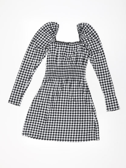 H&M Womens Black Gingham Polyester Mini Size XS Square Neck Pullover