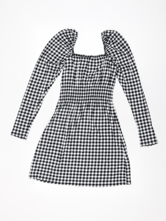 H&M Womens Black Gingham Polyester Mini Size XS Square Neck Pullover