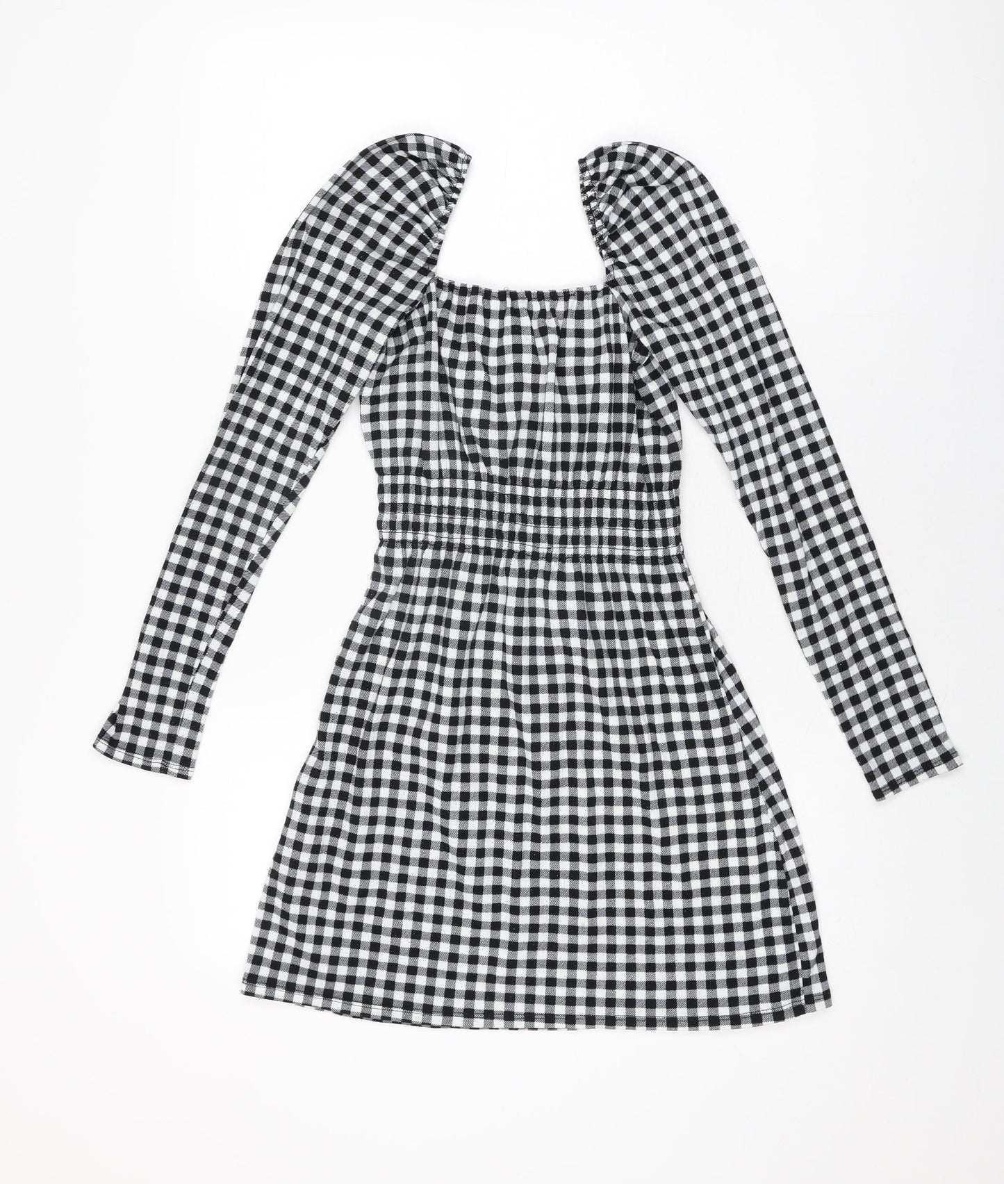 H&M Womens Black Gingham Polyester Mini Size XS Square Neck Pullover