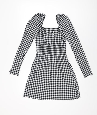 H&M Womens Black Gingham Polyester Mini Size XS Square Neck Pullover