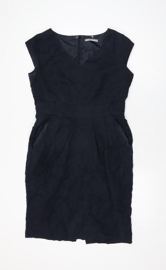 Marks and Spencer Womens Blue Polyester Bodycon Size 14 V-Neck Zip