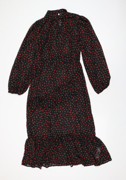New Look Womens Black Floral Polyester A-Line Size 10 Round Neck Button