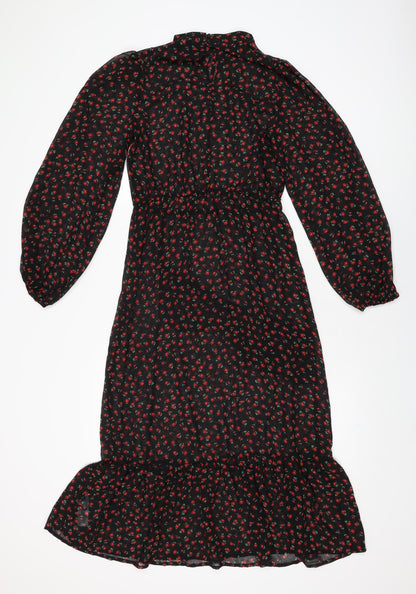 New Look Womens Black Floral Polyester A-Line Size 10 Round Neck Button