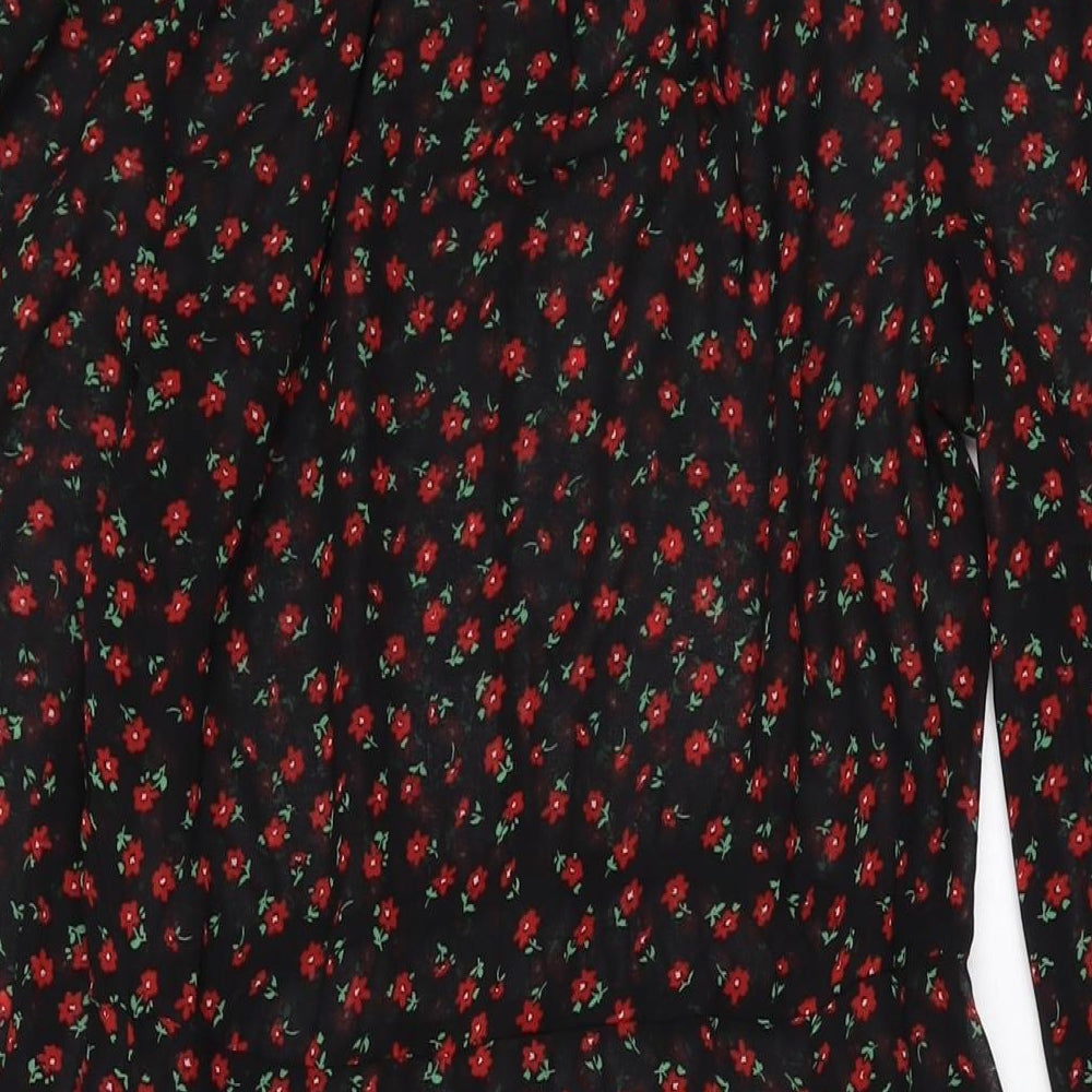 New Look Womens Black Floral Polyester A-Line Size 10 Round Neck Button