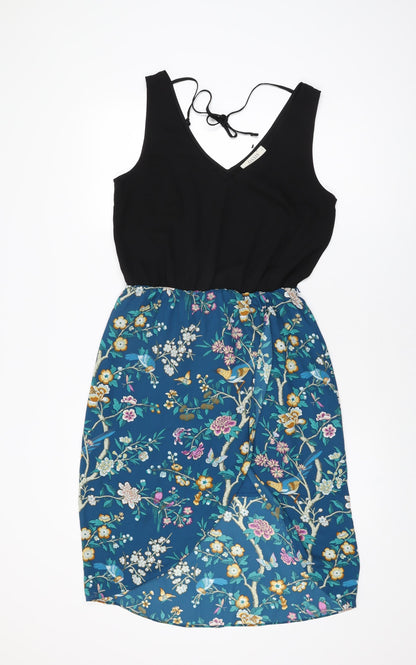 Oasis Womens Black Floral Polyester Shift Size 10 V-Neck Tie