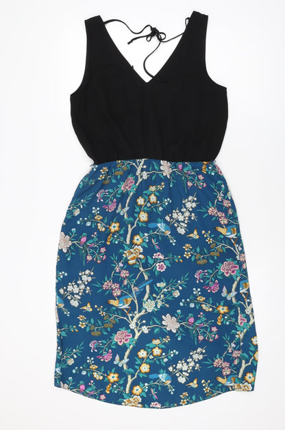 Oasis Womens Black Floral Polyester Shift Size 10 V-Neck Tie