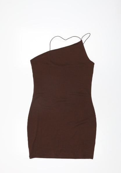H&M Womens Brown Polyester Bodycon Size L One Shoulder Pullover
