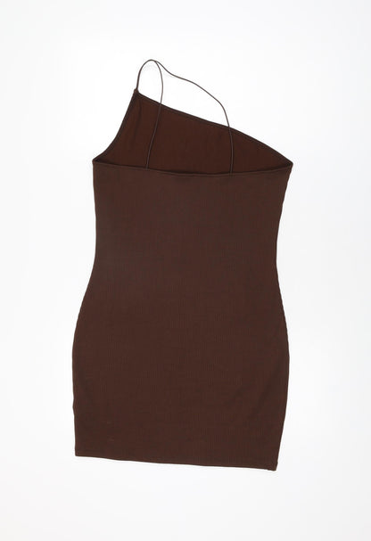 H&M Womens Brown Polyester Bodycon Size L One Shoulder Pullover