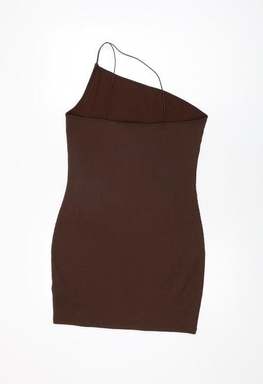 H&M Womens Brown Polyester Bodycon Size L One Shoulder Pullover