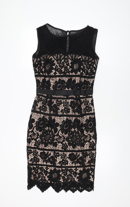 Joanie Womens Black Floral Cotton Bodycon Size 10 Round Neck Zip