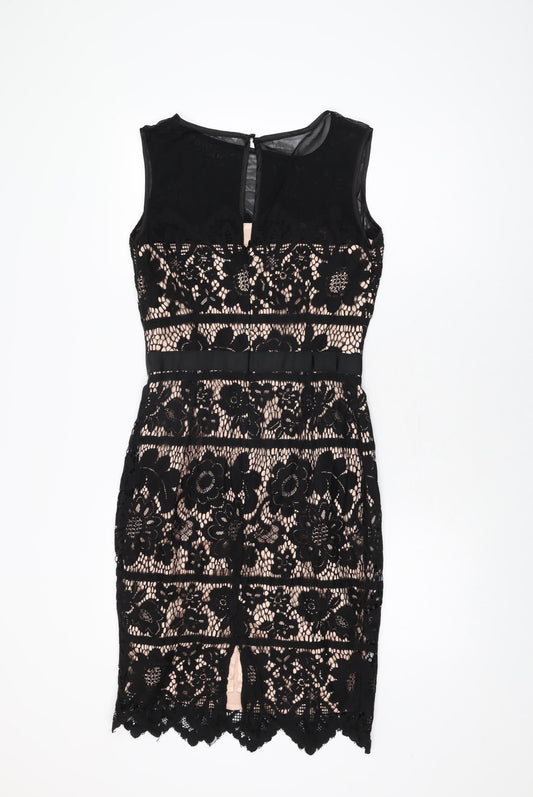 Joanie Womens Black Floral Cotton Bodycon Size 10 Round Neck Zip
