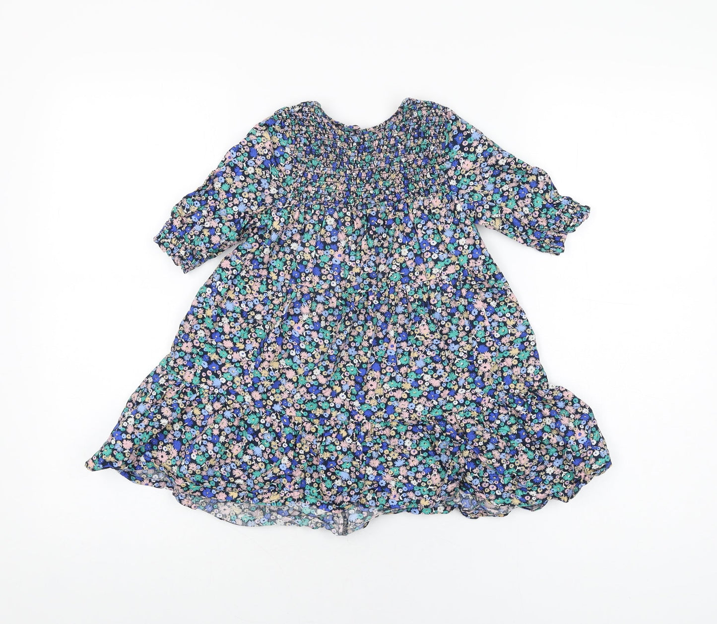 John Lewis Girls Blue Floral Cotton A-Line Size 3 Years Round Neck Button