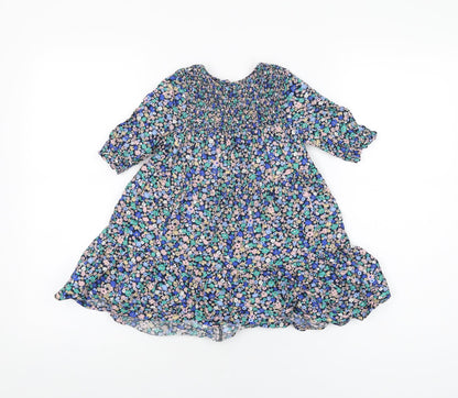 John Lewis Girls Blue Floral Cotton A-Line Size 3 Years Round Neck Button