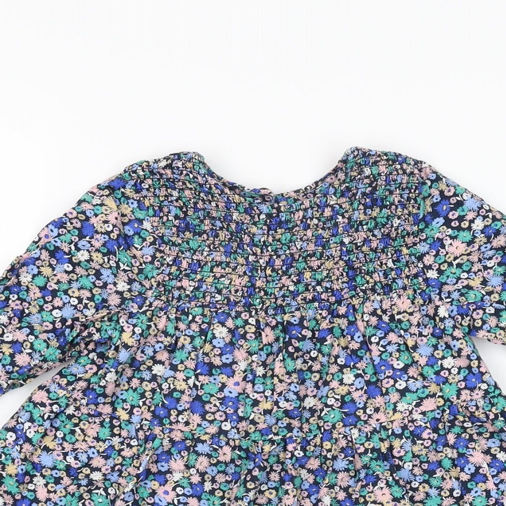 John Lewis Girls Blue Floral Cotton A-Line Size 3 Years Round Neck Button