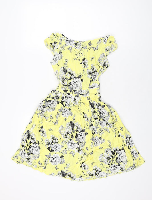 Dorothy Perkins Womens Yellow Floral Viscose Skater Dress Size 6 Round Neck Zip