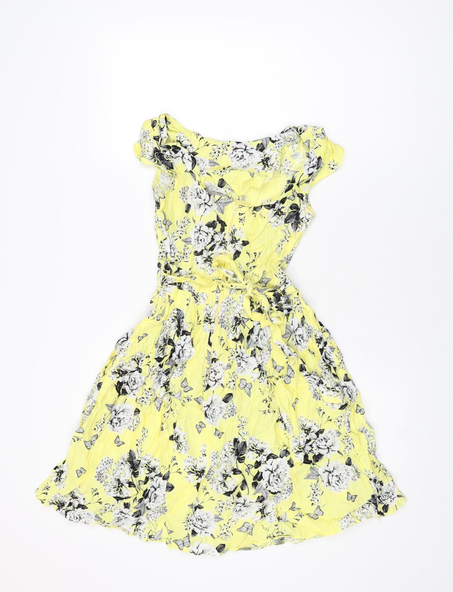 Dorothy Perkins Womens Yellow Floral Viscose Skater Dress Size 6 Round Neck Zip