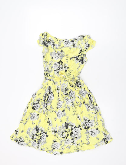 Dorothy Perkins Womens Yellow Floral Viscose Skater Dress Size 6 Round Neck Zip