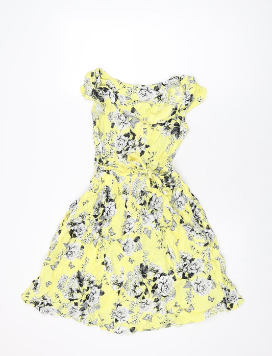 Dorothy Perkins Womens Yellow Floral Viscose Skater Dress Size 6 Round Neck Zip