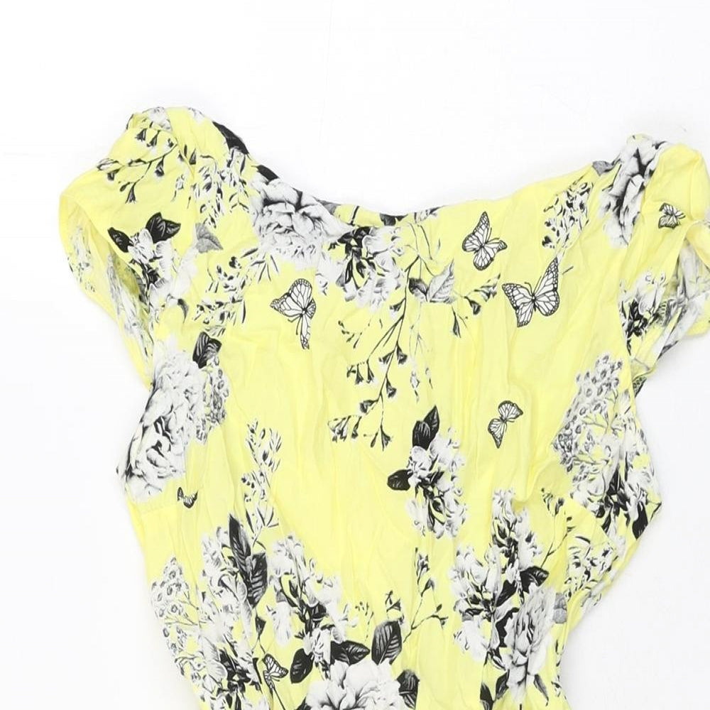 Dorothy Perkins Womens Yellow Floral Viscose Skater Dress Size 6 Round Neck Zip
