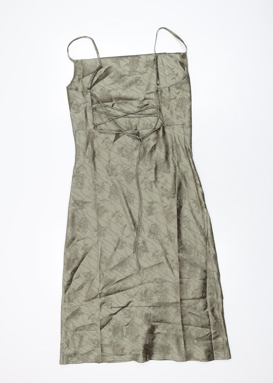 Kiss the Sky Womens Green Floral Polyester Slip Dress Size S Square Neck Tie