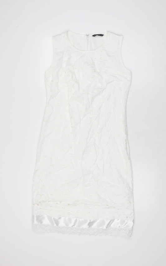 Marks and Spencer Womens White Geometric Cotton Shift Size 10 Round Neck Zip