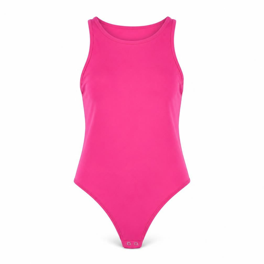Front view of Dunnes women’s pink polyester bodysuit one-piece, size S, snap