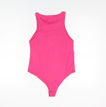Back view of Dunnes women’s pink polyester bodysuit one-piece, size S, snap