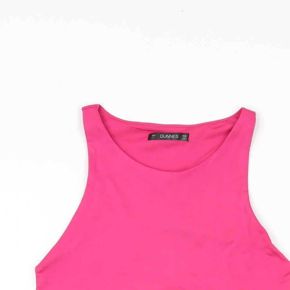 Close-up detail of Dunnes women’s pink polyester bodysuit one-piece, size S, snap