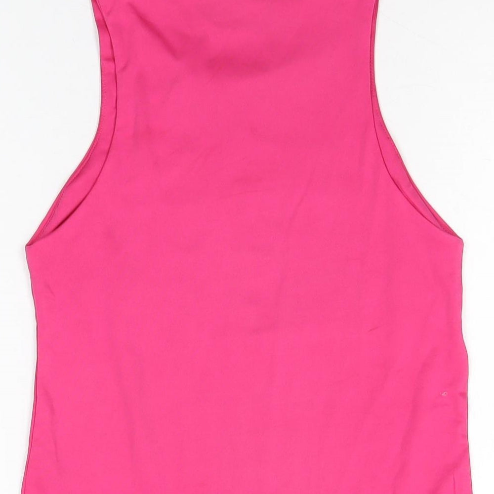 Brand and care label for Dunnes women’s pink polyester bodysuit one-piece, size S, snap