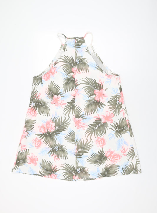 New Look Womens White Floral Polyester Shift Size 14 Round Neck Pullover