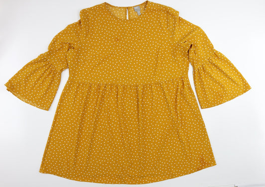 ASOS Womens Yellow Polka Dot Polyester A-Line Size 24 Round Neck Button