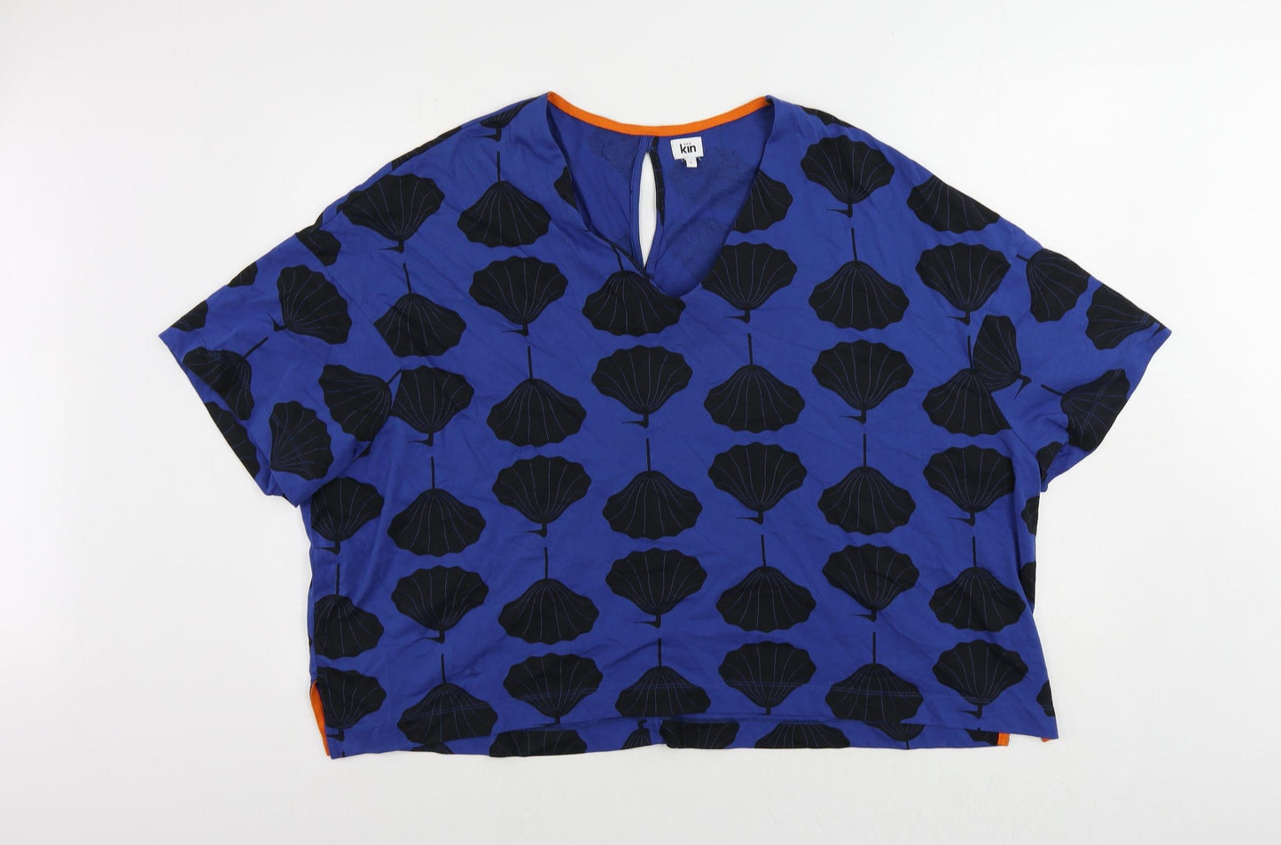 kín Womens Blue Geometric Cotton Basic T-Shirt Size L V-Neck