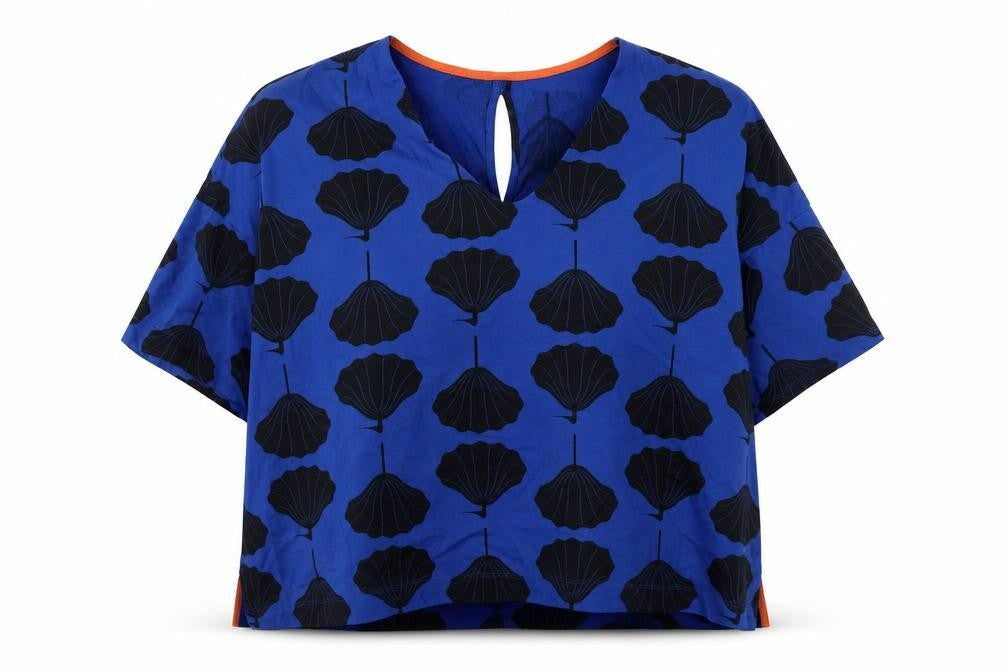 Front view of kín women’s blue geometric cotton basic t-shirt, size L, v-neck