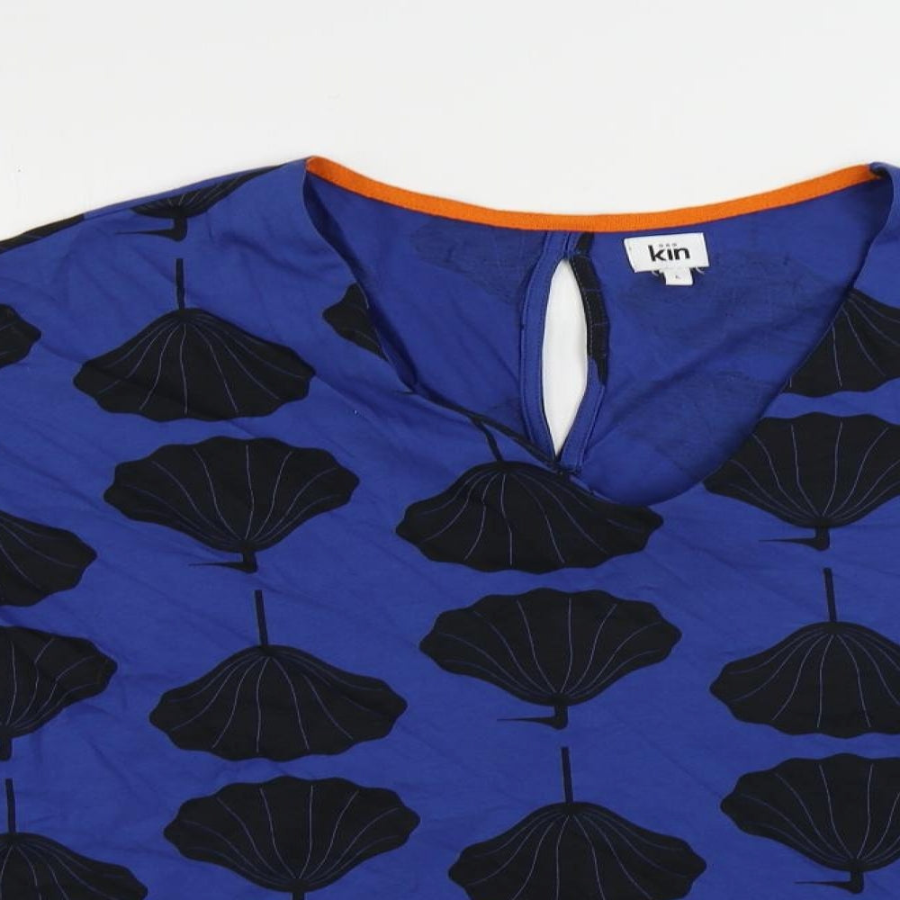 kín Womens Blue Geometric Cotton Basic T-Shirt Size L V-Neck