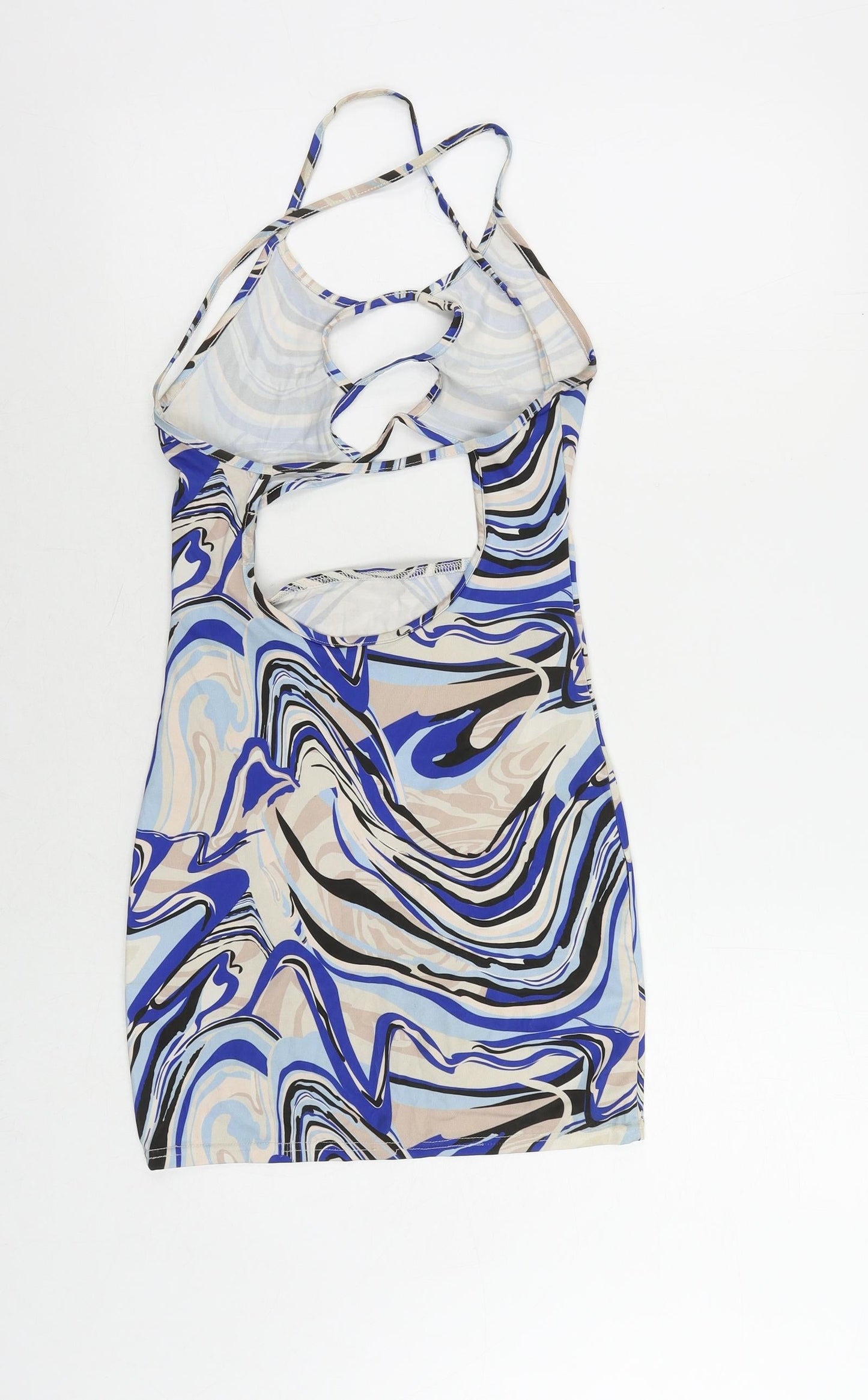 PRETTYLITTLETHING Womens Blue Geometric Polyester Mini Size 8 Round Neck Pullover - Cut Out