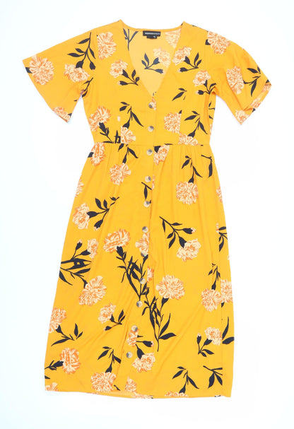Wednesday's Girl Womens Orange Floral Polyester A-Line Size XS V-Neck Button