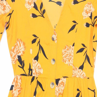 Wednesday's Girl Womens Orange Floral Polyester A-Line Size XS V-Neck Button