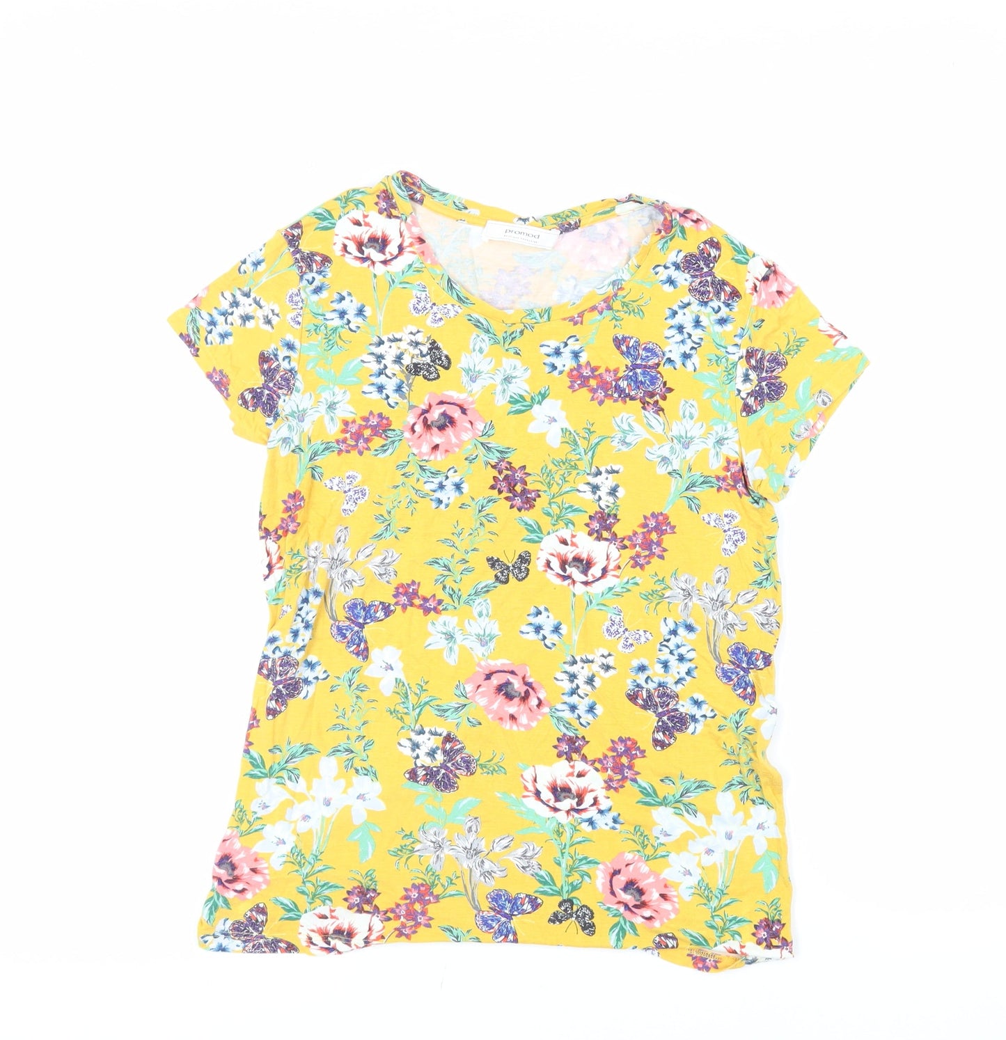 Promod Womens Yellow Floral Viscose Basic T-Shirt Size L Crew Neck