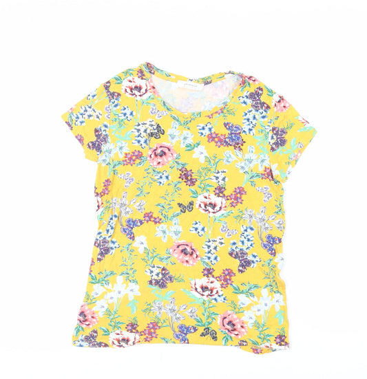Promod Womens Yellow Floral Viscose Basic T-Shirt Size L Crew Neck