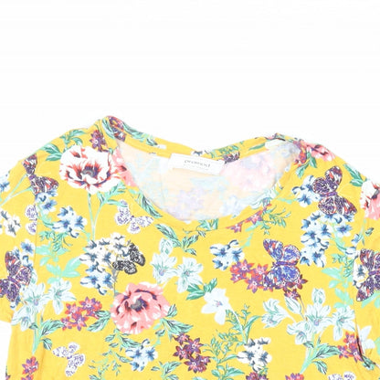 Promod Womens Yellow Floral Viscose Basic T-Shirt Size L Crew Neck