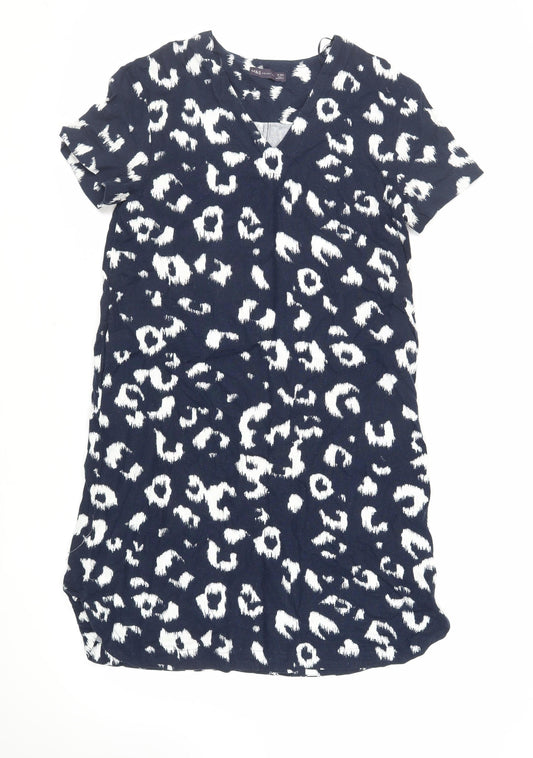 Marks and Spencer Womens Blue Animal Print Linen Shift Size 10 V-Neck - Pockets