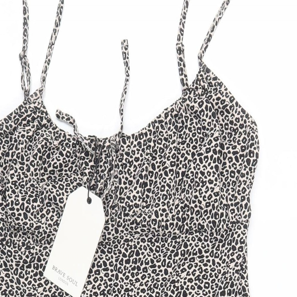 Brave Soul Womens Beige Animal Print Cotton Mini Size L Square Neck Pullover